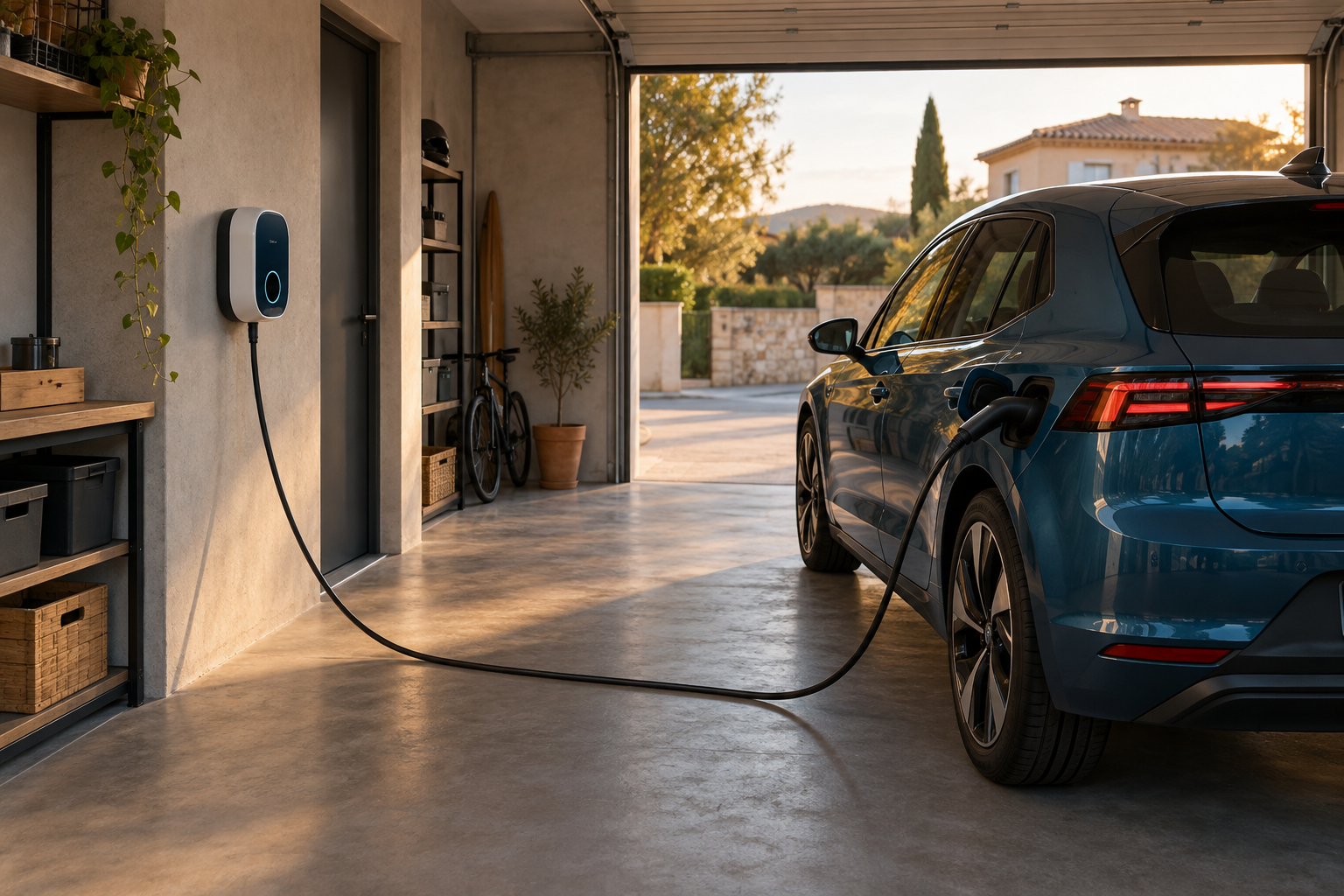 Ilustración de un coche eléctrico conectado a un cargador de pared en un garaje doméstico
