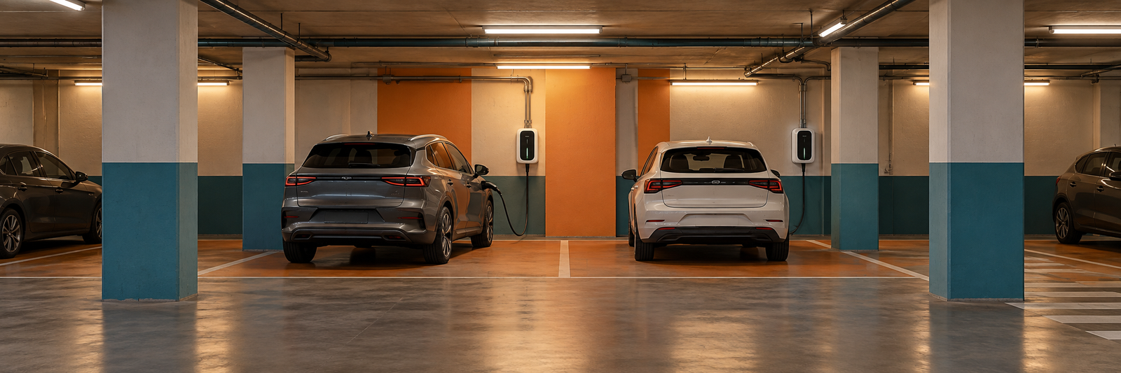 Ilustración de un garaje comunitario con coches eléctricos y cargadores de pared